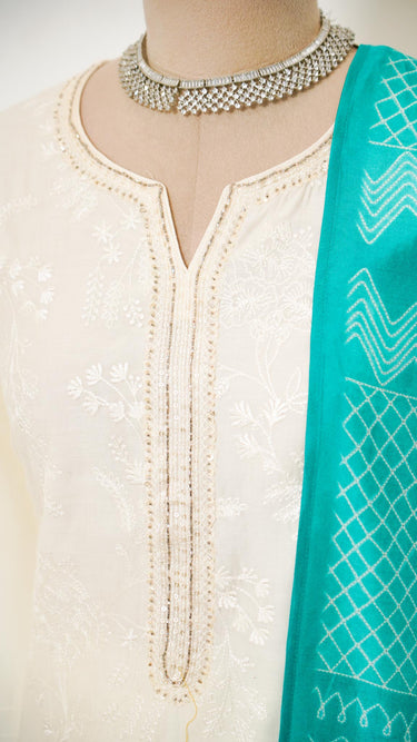White Chikankari Kurta Suit with Contrast Shawl