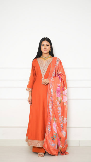 Zari Embroidered Anarkali Suit with Floral Shawl