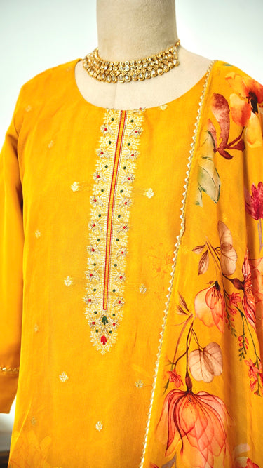 Mustard Yellow Handwork Women's Kurta Set with Floral Shawl