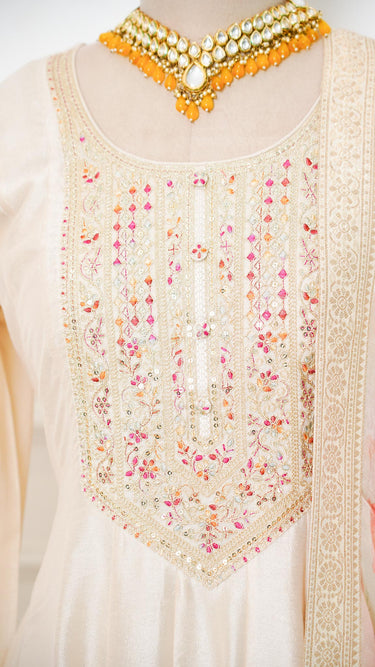 Zari Embroidered Anarkali Suit with Floral Shawl