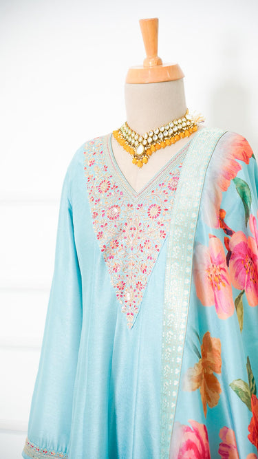 Sky Blue Vichitra Silk Anarkali with Floral Shawl
