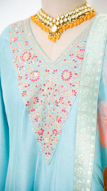 Sky Blue Vichitra Silk Anarkali with Floral Shawl