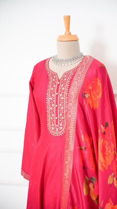 Vichitra Silk Plain Anarkali with Embroidered Neckline