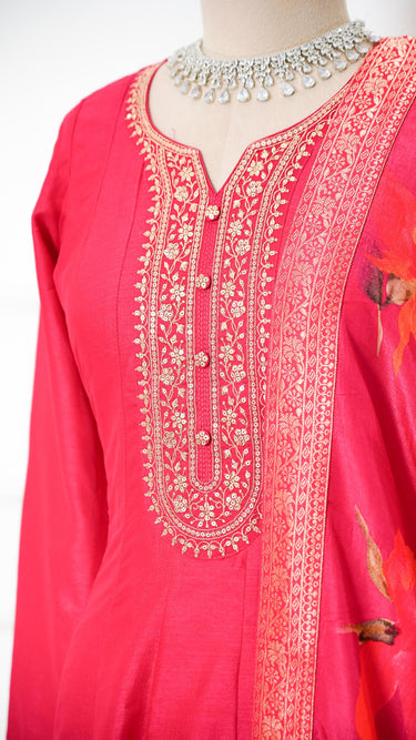 Vichitra Silk Plain Anarkali with Embroidered Neckline