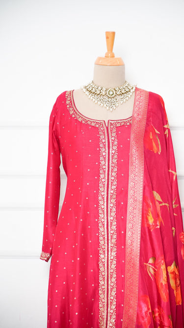 Rani Pink Butti Anarkali with Floral Shawl