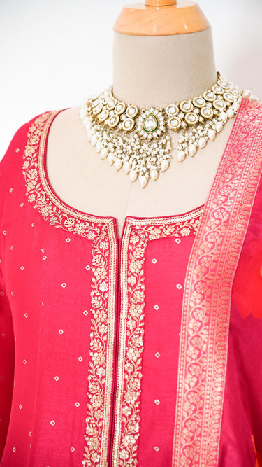 Rani Pink Butti Anarkali with Floral Shawl