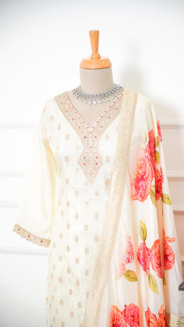 Cream Butti Sarara Suit with Floral Shawl