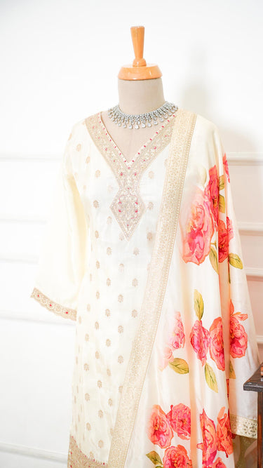 Cream Butti Sarara Suit with Floral Shawl