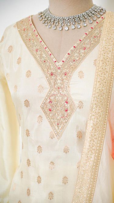 Cream Butti Sarara Suit with Floral Shawl