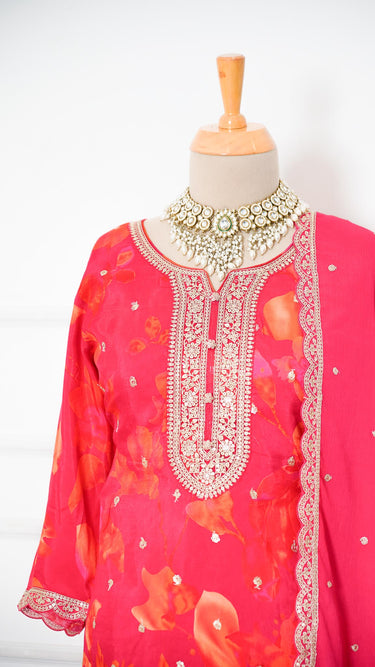 Rani Pink Floral Suit with Zari Embroidery