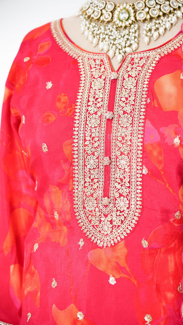 Rani Pink Floral Suit with Zari Embroidery