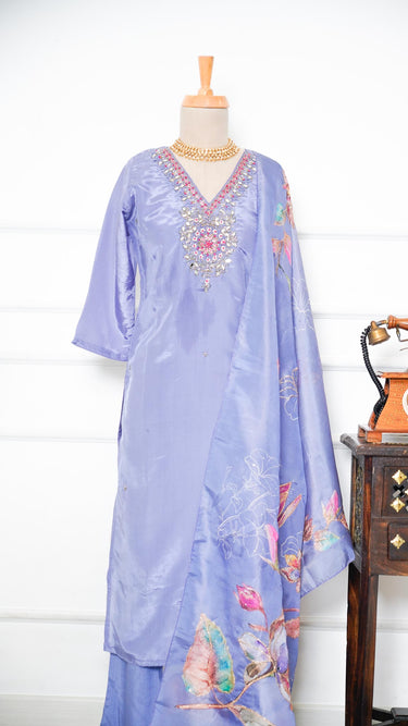 Hand Embroidered V Neck Kurti Suit with Floral Shawl