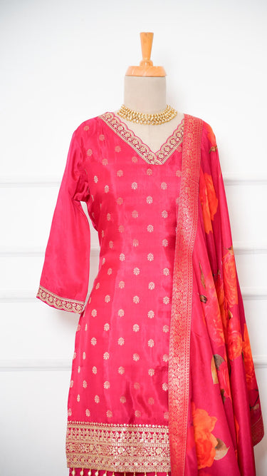Rani Pink V Neck Kurta Suit with Floral Shawl