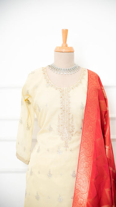 Cream Kurta Suit with Neck Embroidery