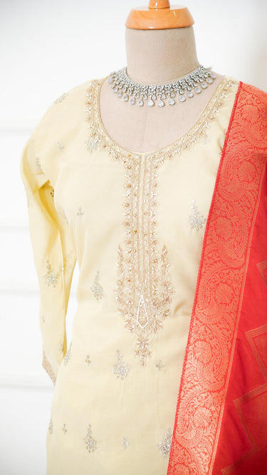 Cream Kurta Suit with Neck Embroidery