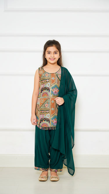 Multicolor Thread Embroidered Kurti Suit with Patiala Pants