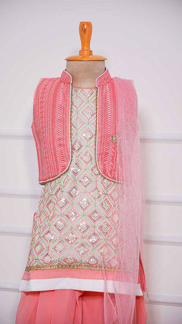 Pink & White Georgette Kurta Salwar Jacket Suit