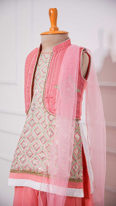 Pink & White Georgette Kurta Salwar Jacket Suit