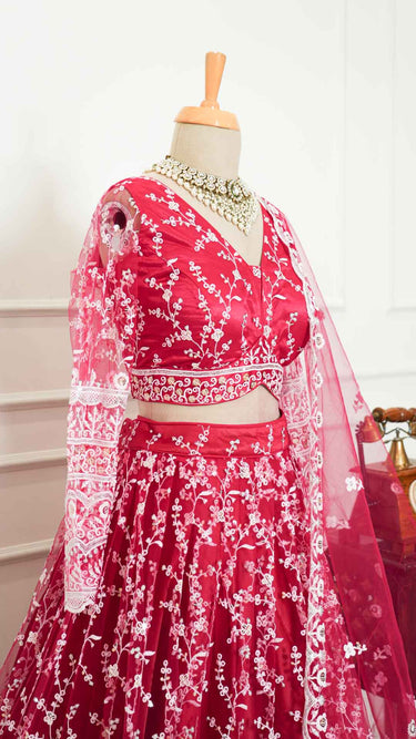 Rani Lehenga with White Thread and Sequin Embroidery
