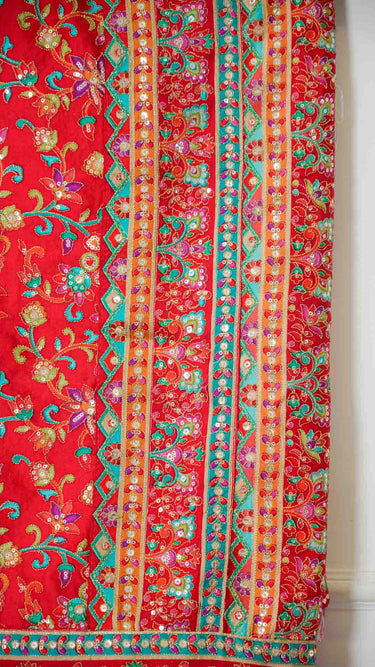 Red Sequin Saree with Multicolor Floral Prints