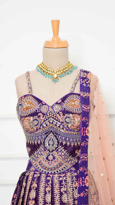 Purple Ombre Position Print Lehenga with Contrast Peach Shawl