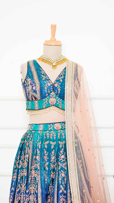 Navy Ombre Position Print Lehenga with Contrast Peach Shawl