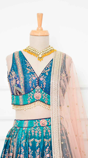Navy Ombre Position Print Lehenga with Contrast Peach Shawl