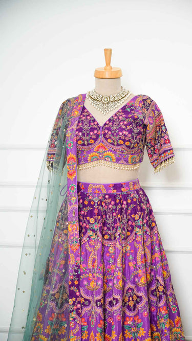 Purple Position Print Multicolor Haldi Mehendi Lehenga