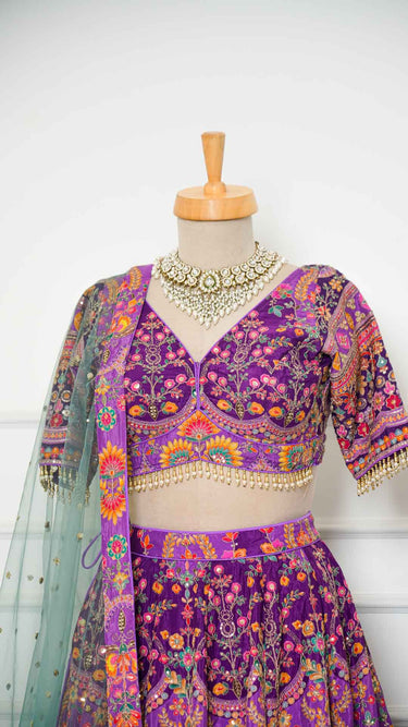 Purple Position Print Multicolor Haldi Mehendi Lehenga