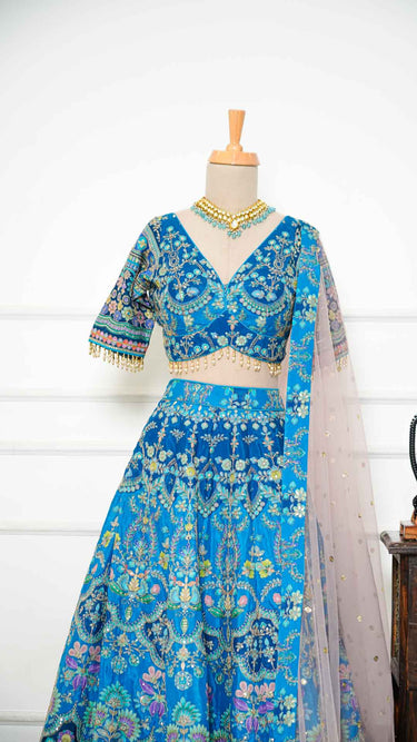 Royal Blue Position Print Multicolor Haldi Mehendi Lehenga