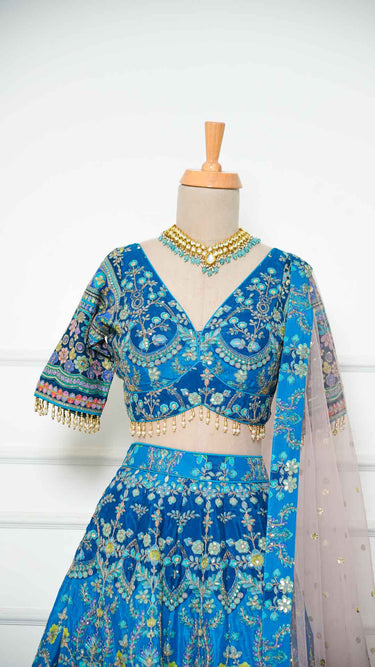 Royal Blue Position Print Multicolor Haldi Mehendi Lehenga