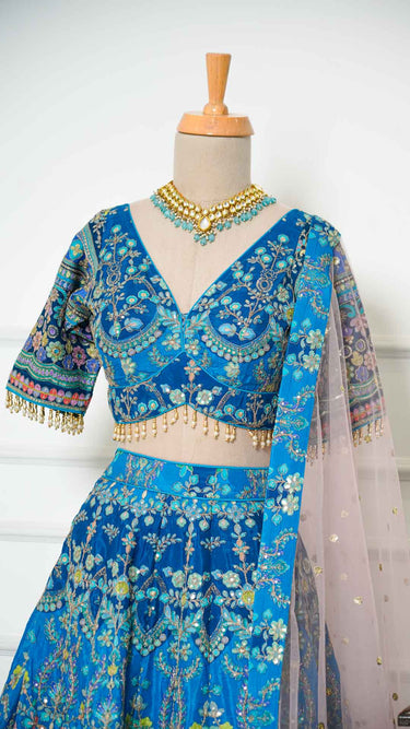 Royal Blue Position Print Multicolor Haldi Mehendi Lehenga