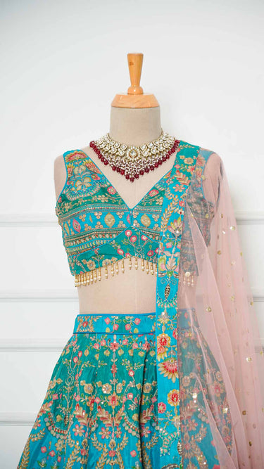 Aqua Position Print Multicolor Haldi Mehendi Lehenga