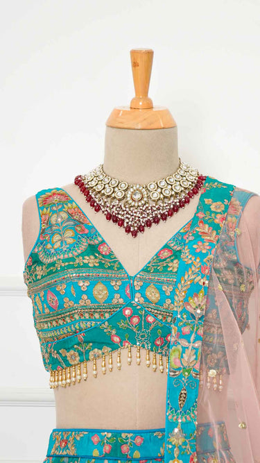 Aqua Position Print Multicolor Haldi Mehendi Lehenga