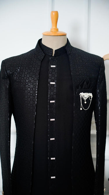 Men's Black Checkered Indowestern Suit
