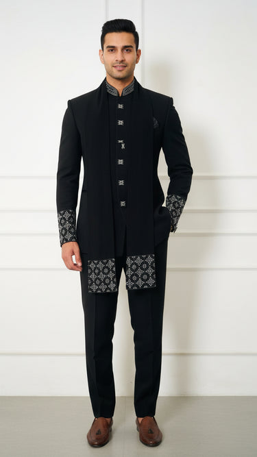 Men's Indo Western Suit with Embossed Buttons and Shawl Avir