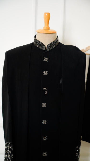 Men's Indo Western Suit with Embossed Buttons and Shawl Avir