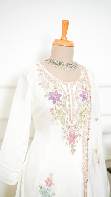 White Threadembroidered Crepe Kurta Suit with Pant