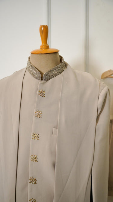 Men's Indo Western Suit with Embossed Buttons and Shawl Avir
