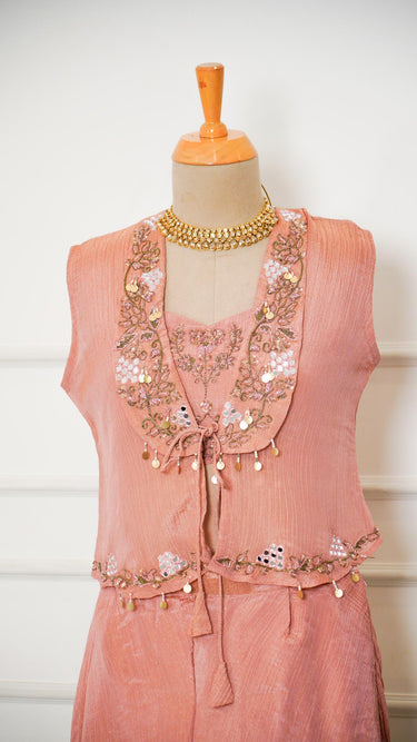 Peach Handembroidered Jacket Suit with Sarara