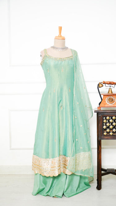 Sleeveless Sage Green Sarara Suit with Handwork Butti