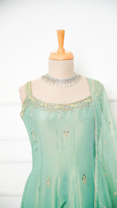 Sleeveless Sage Green Sarara Suit with Handwork Butti