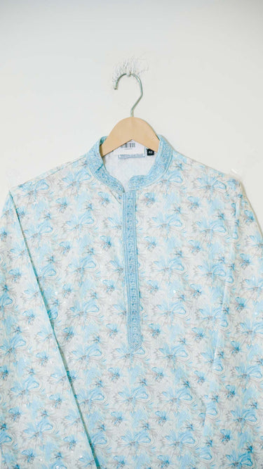 Mens Kurta with Sky Blue Floral Print