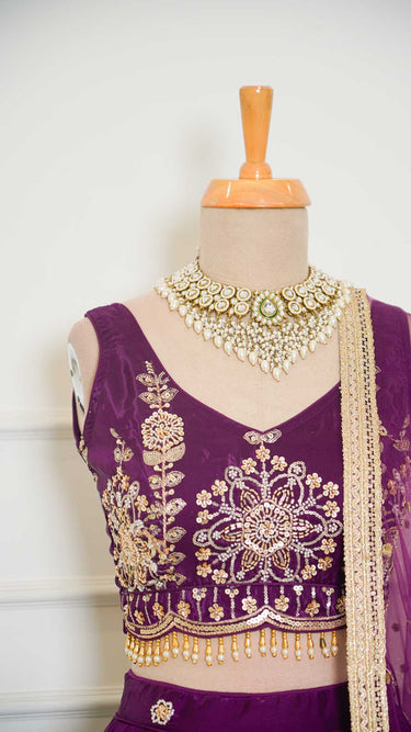 Purple Crepe Hand Embroidered Lehenga