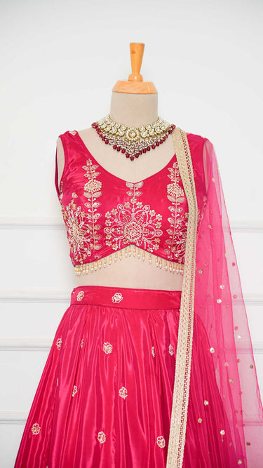 Rani Pink Crepe Silk Handembroidered Lehenga