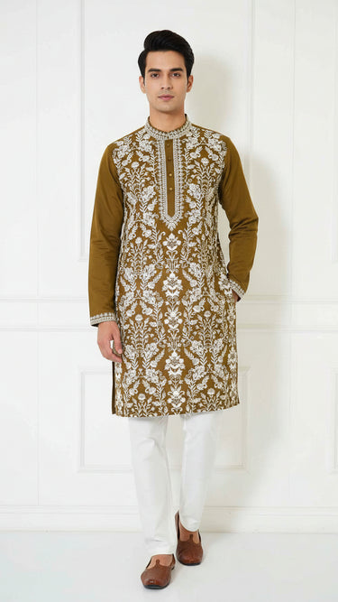 Silk Mens Kurta with Floral Embroidery