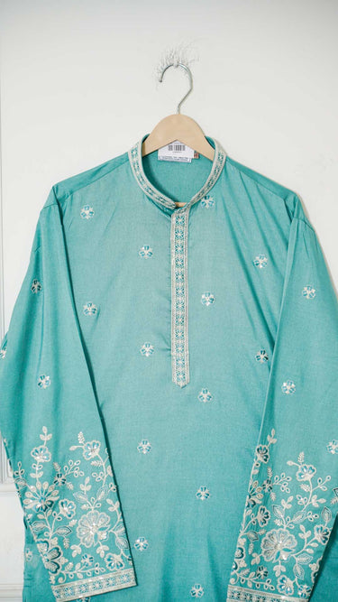 Mens Kurta with Butti and Embroidered Neckline
