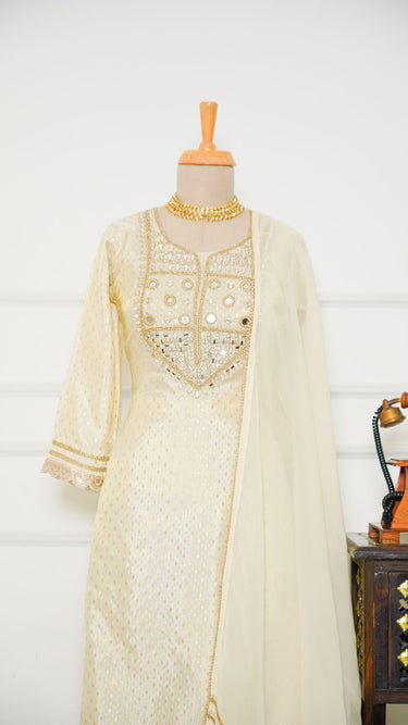 Mirrorwork Cream Butti Kurti Suit