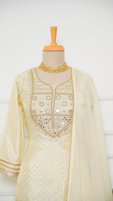 Mirrorwork Cream Butti Kurti Suit