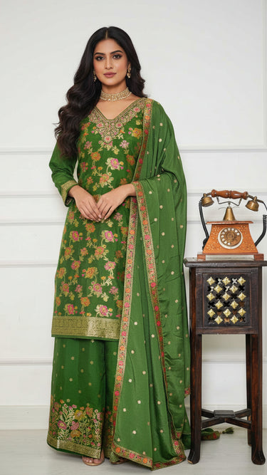 Silk Floral Kurta Suit with Neck Embroidery